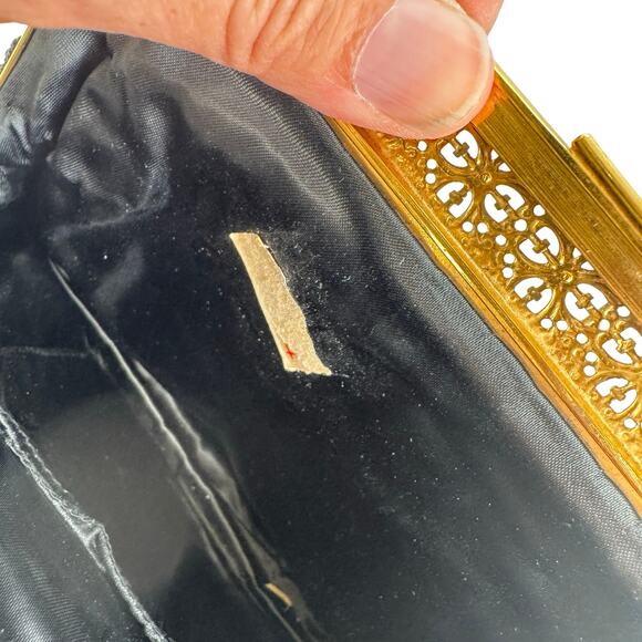 Vintage 1950s Black Beaded Hong Kong Evening Purse Gold Filigree AB Clasp - Picture 2 of 16